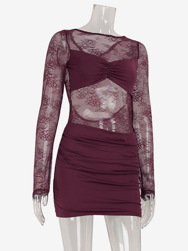 Sheer Lace Ruched Mini Dress For Women - Sexy Cut Out Open Back Bodycon Gown - Summer Night Out Club Party 2026