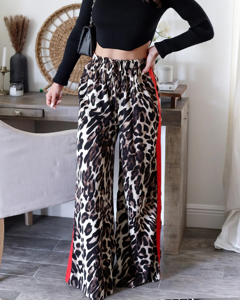 Leopard Print Panelled Wide-Leg Trousers