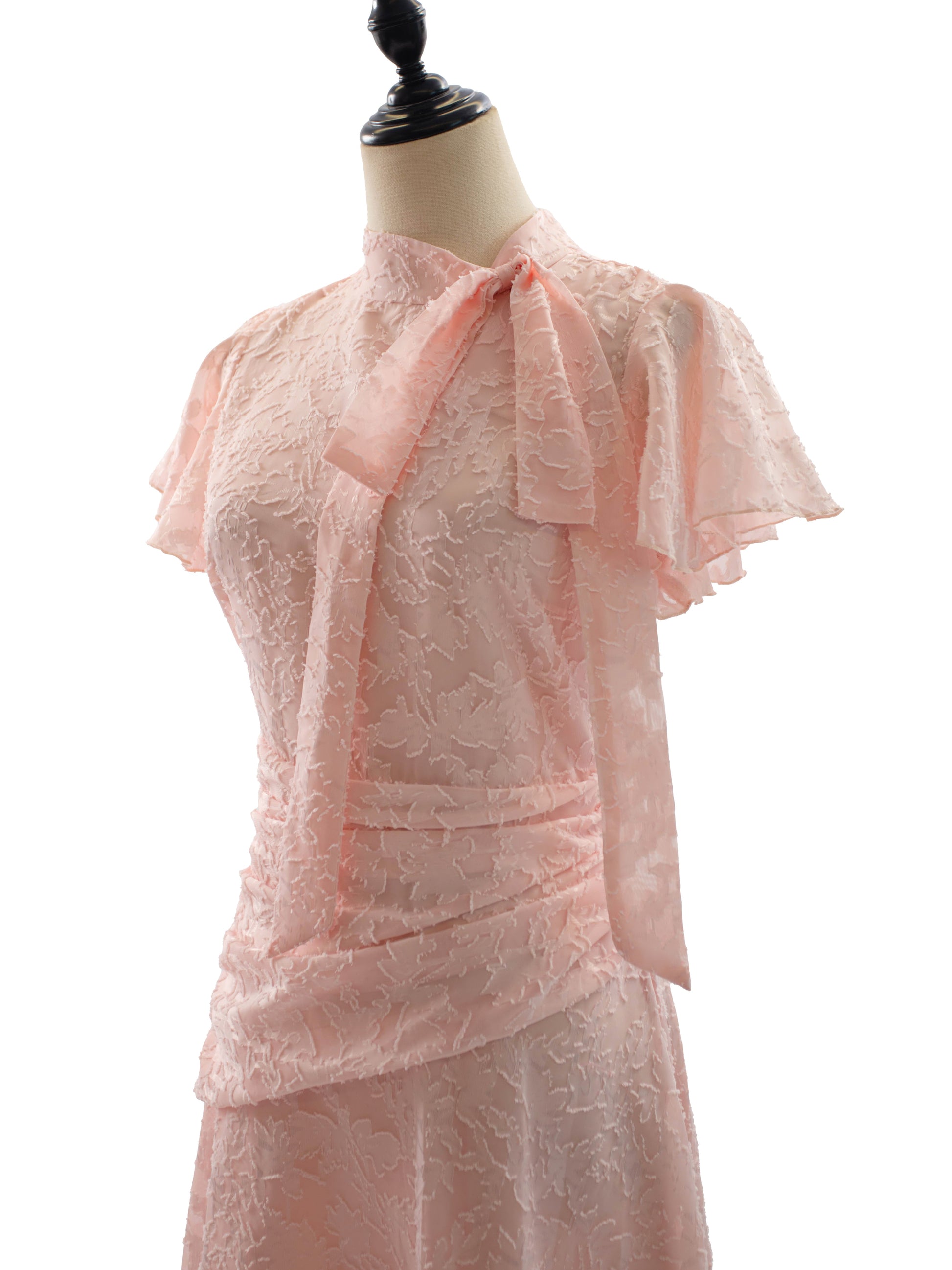 Date Night Dresses Maxi Ruffles Zipper Short Sleeves Stand Collar Petal Sleeves Elegant Pink Dress