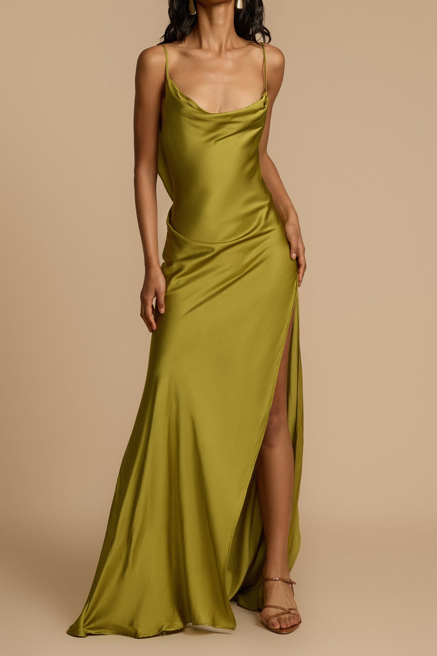 Paula Backless Ruffle Detail Satin Maxi Dress