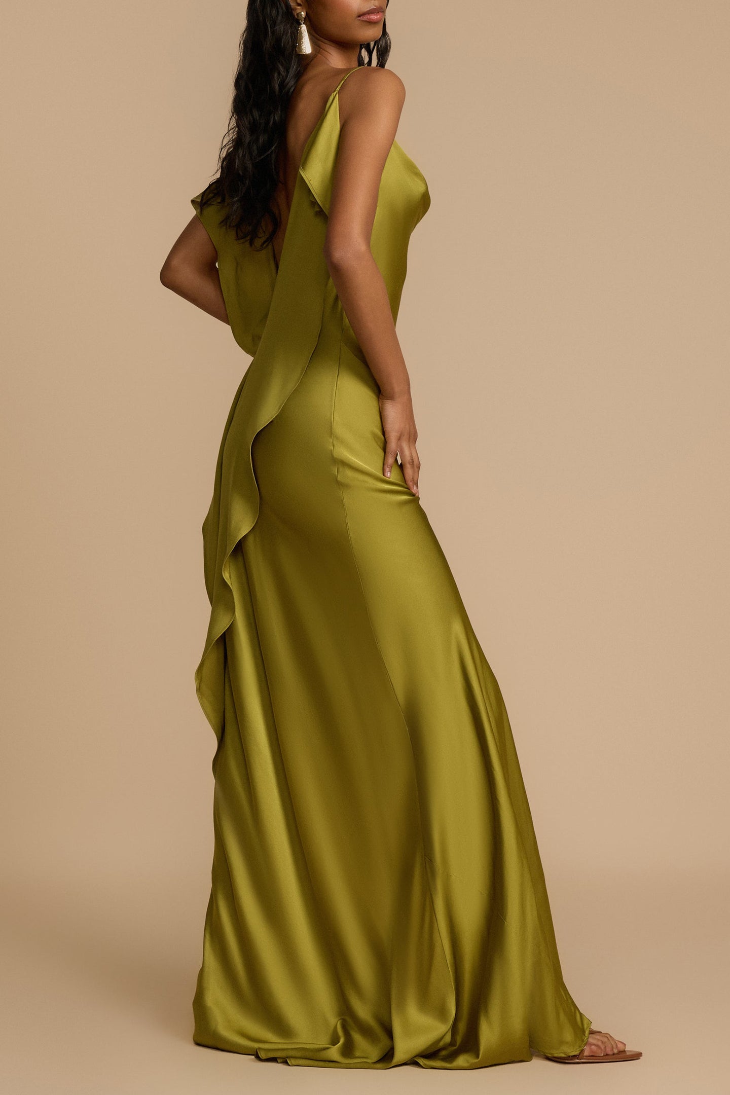 Paula Backless Ruffle Detail Satin Maxi Dress