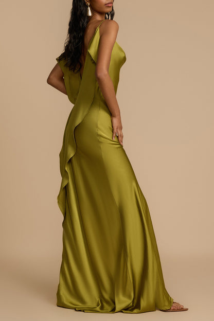 Paula Backless Ruffle Detail Satin Maxi Dress