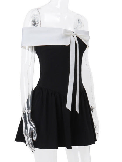 Off-shoulder Bow Waist Tie Short Sleeves Mini&Short Dresses