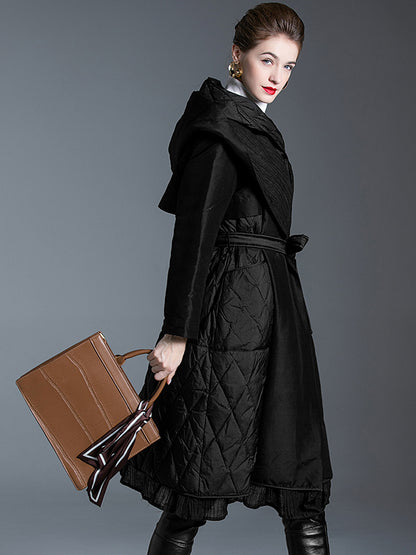 Black Down Coat Hooded Belted Long Winter Outerwear For Women