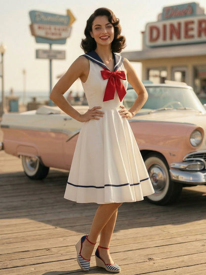 Sailor Collar Bow Knot Sleeveless Retro Swing A-Line Dress For Women 2026