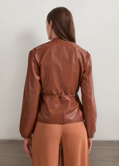 Sorelle - Cognac Faux Leather Zip Jacket with Drawstring Waist
