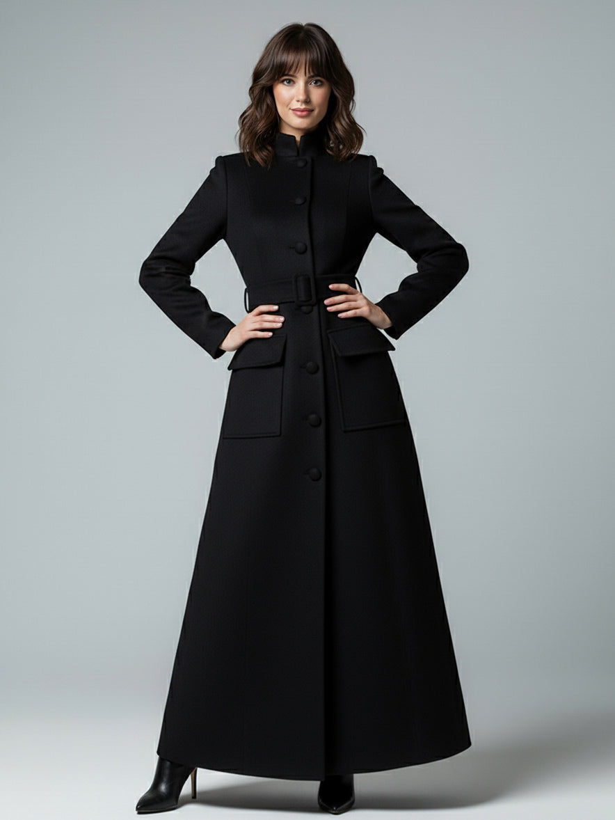 Woolen Full-Length Maxi Coat With Stand Collar And Flap Pockets For Women 2026