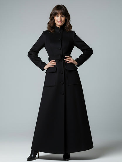 Woolen Full-Length Maxi Coat With Stand Collar And Flap Pockets For Women 2026
