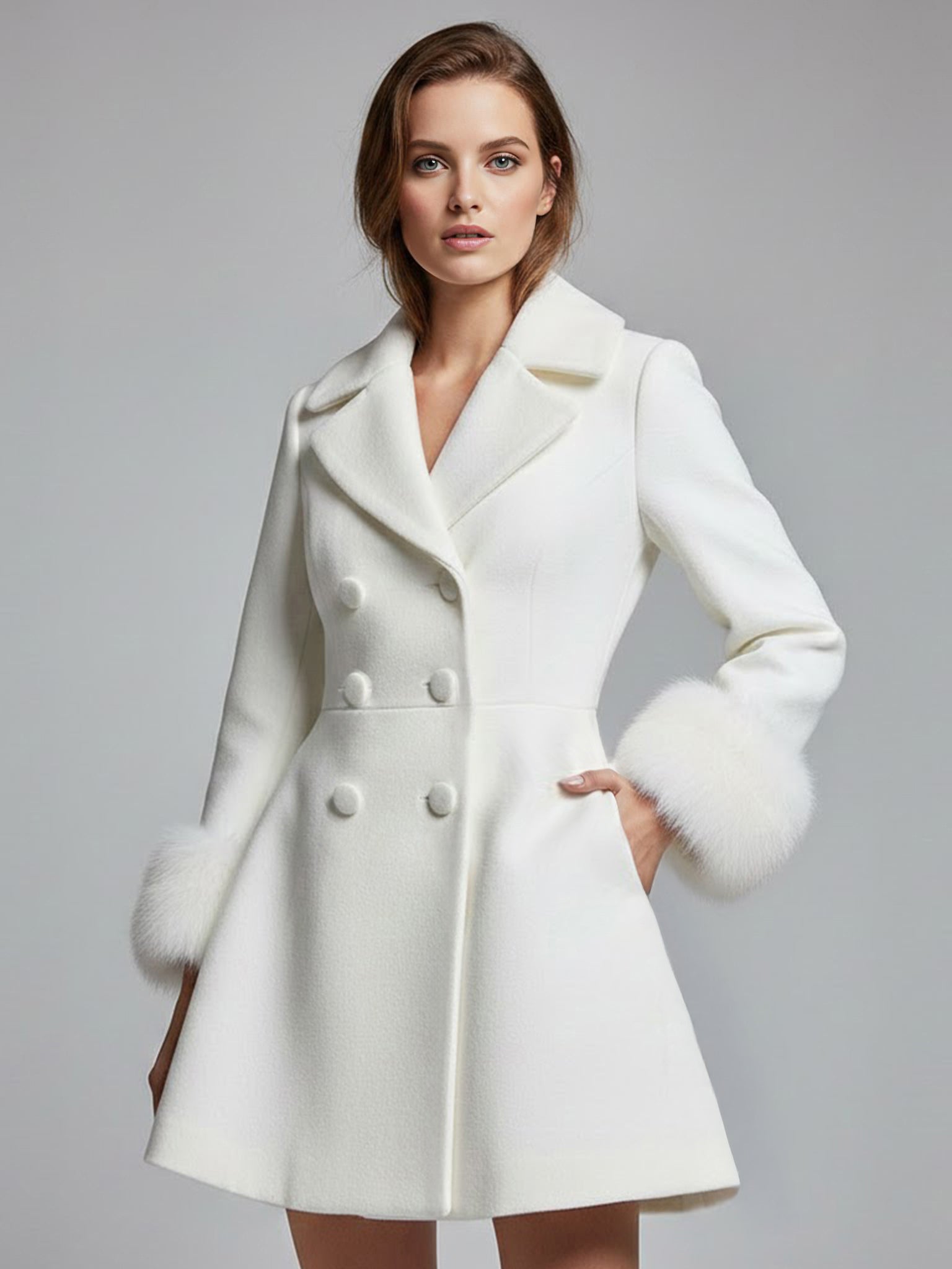 White double-breasted wool Blend coat with wide lapel And Faux fur cuffs For Women 2026