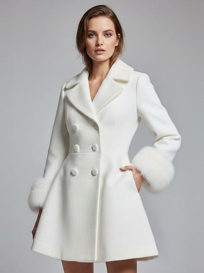 White double-breasted wool Blend coat with wide lapel And Faux fur cuffs For Women 2026