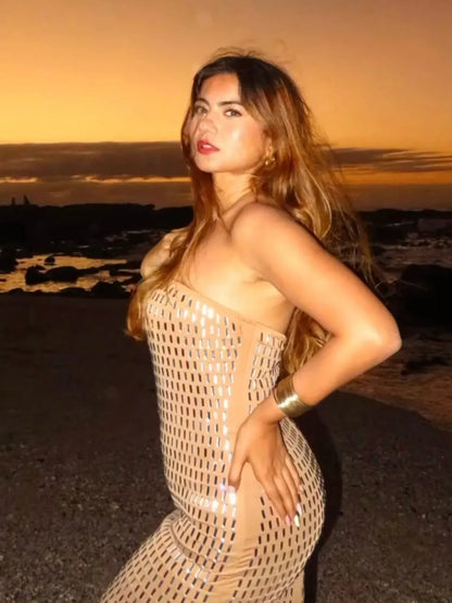 Rhinestone Tube Mirror Maxi Dress