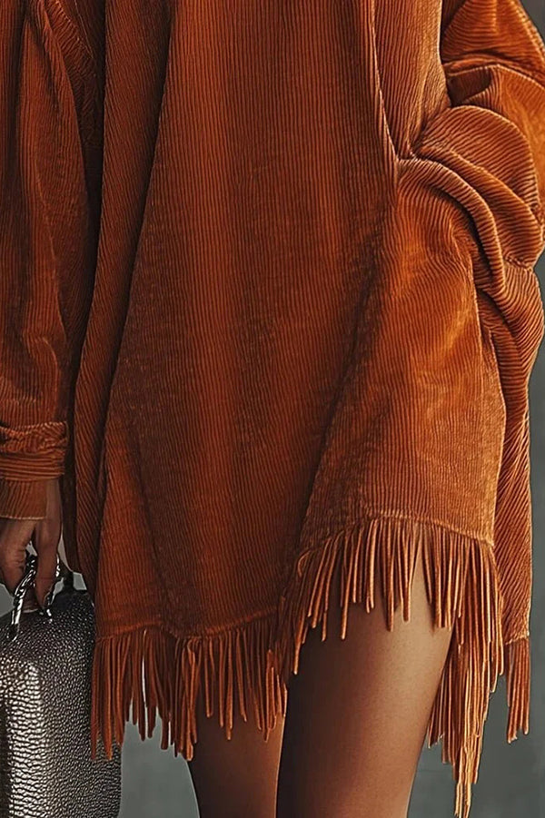 Solid Color Loose-fitting Turtleneck Long-sleeved Tassel Hem Casual Mini Dress