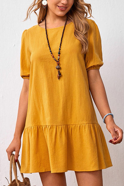 Solid Color Loose Waist Cotton Linen Round Neck Dress