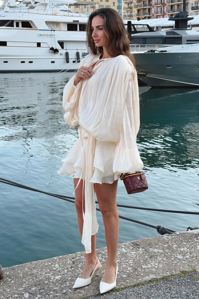 Chiffon Balloon Sleeve Tie Neck Layered Ruffle Tier Mini Dress