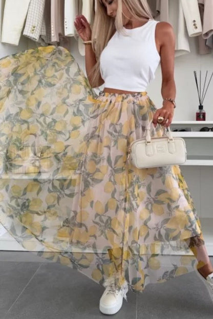 Summer Lemon Print Elastic Waist Tulle Holiday Midi Skirt
