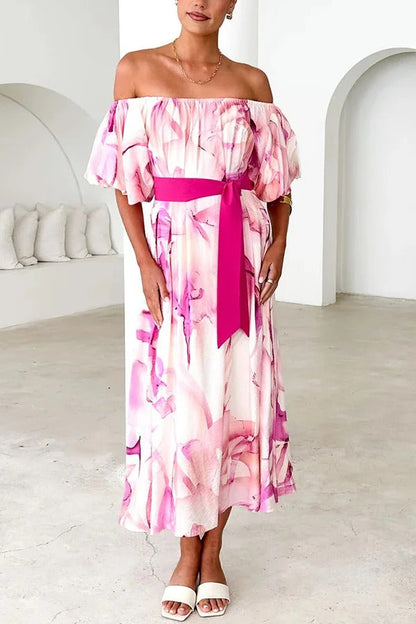 Floral Print Elegant Puff Sleeve Tie-Waist Midi Dress