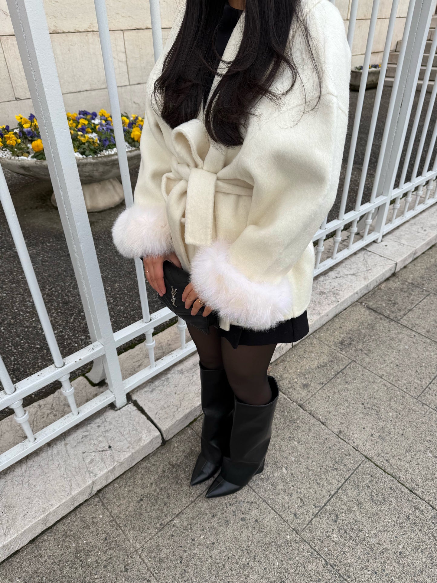 Beige Wool Coat with Fur