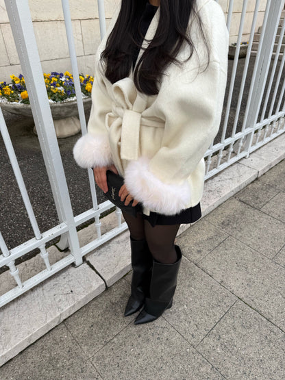 Beige Wool Coat with Fur