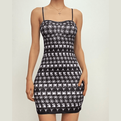 Spaghetti Strap Stud and Jewel Graphic Print Bodycon Mini Dress