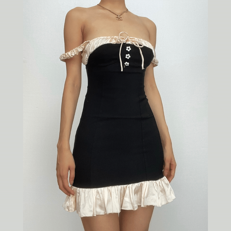 Off Shoulder Contrast Ruffle Trim Daisy Button Bodycon Mini Dress