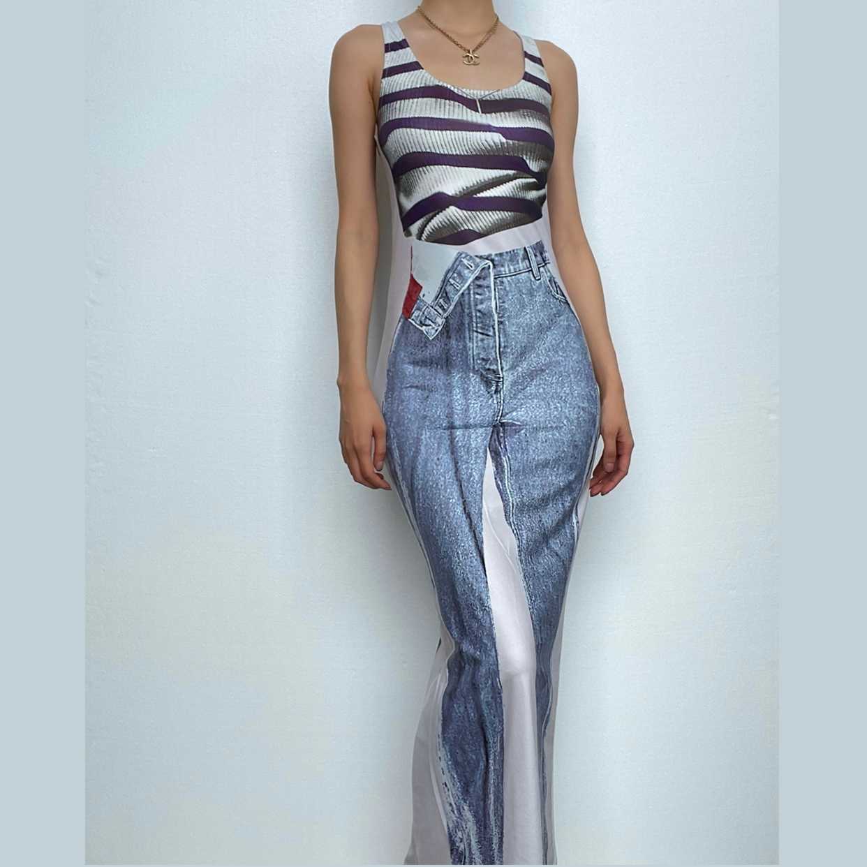 Tank Print Trompe Loeil Denim Graphic Bodycon Maxi Dress
