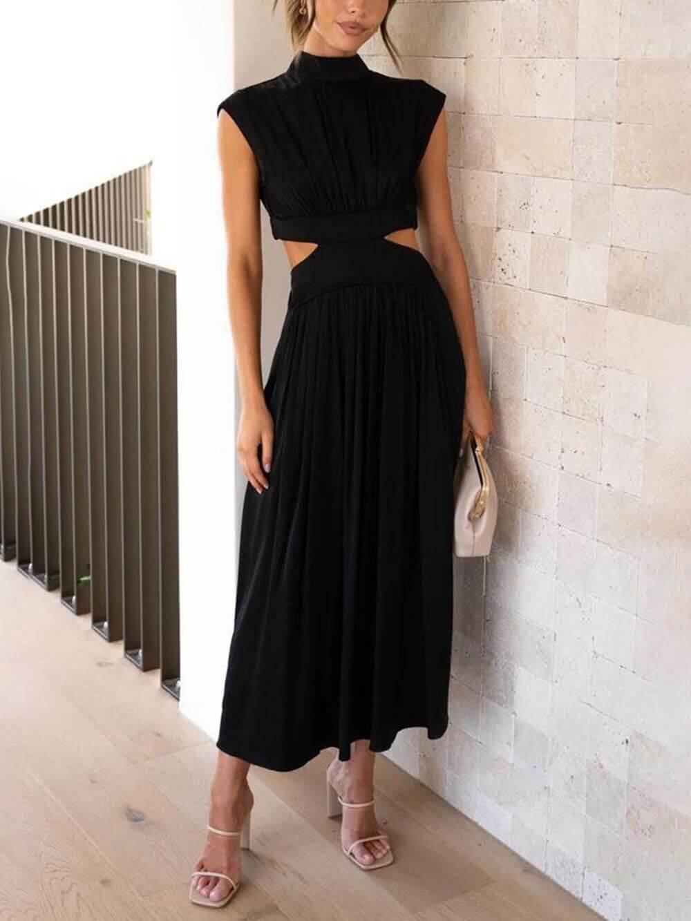 Mock Neck Sleeveless Waist Cutout Pocketed A-Line Midi Dress