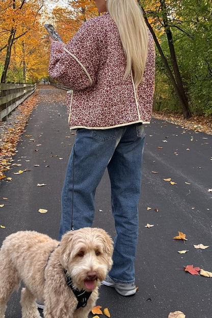 Stand Collar Open Front Floral Print Quilted Coat