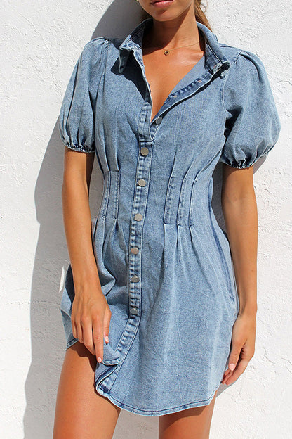 Lapel Button Bubble Short Sleeve Corset Cotton Denim Skirt