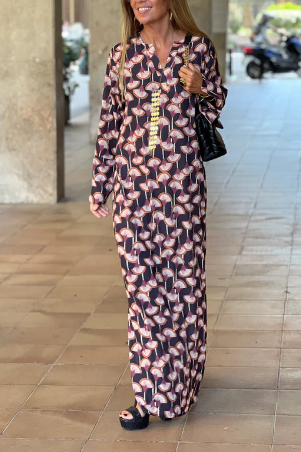 Women's Fashion Printed V Neck Long Sleeve Maxi Dress