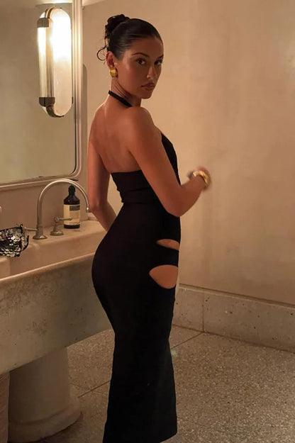 Halter Backless Side Oval Cutout Bodycon Maxi Dress