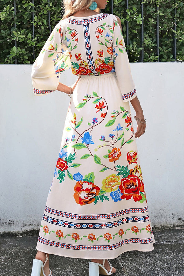 Bohemian College Floral Slit V Neck A Line Dresses