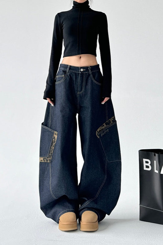 Leopard Spliced Vintage Wide Leg Jeans