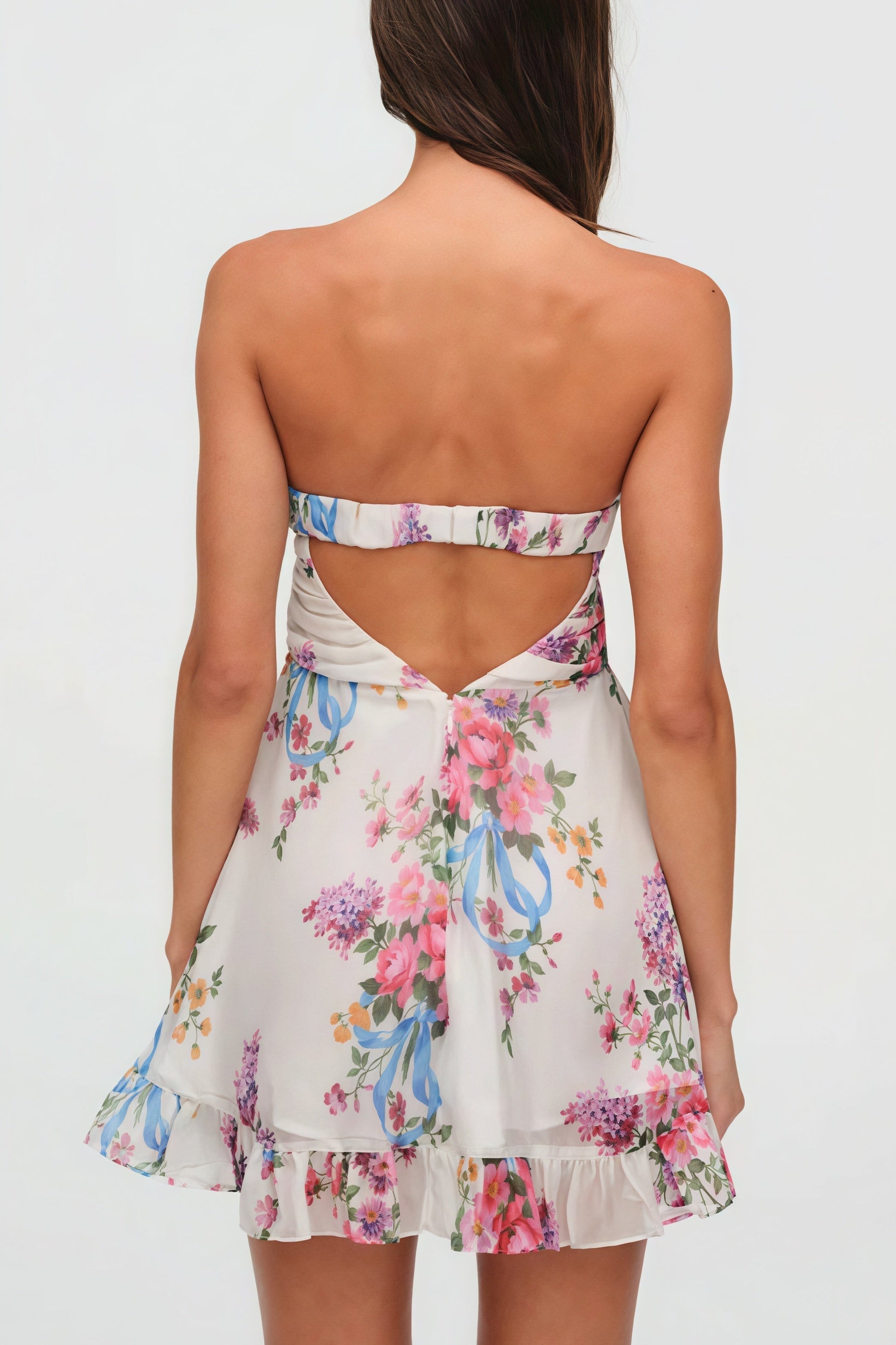 Floral Print Strapless Front Bow Ruffle Hem Chiffon Babydoll Mini Dress