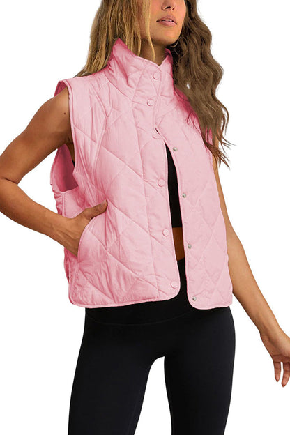 Quilted cotton stand-collar lightweight button-up vest