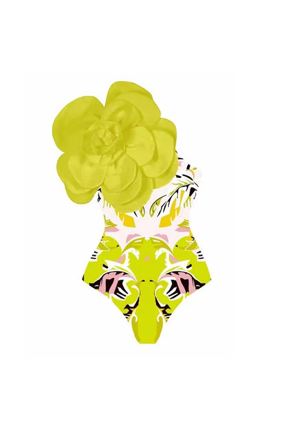 Floral Print One-Piece with 3D Yellow Flower