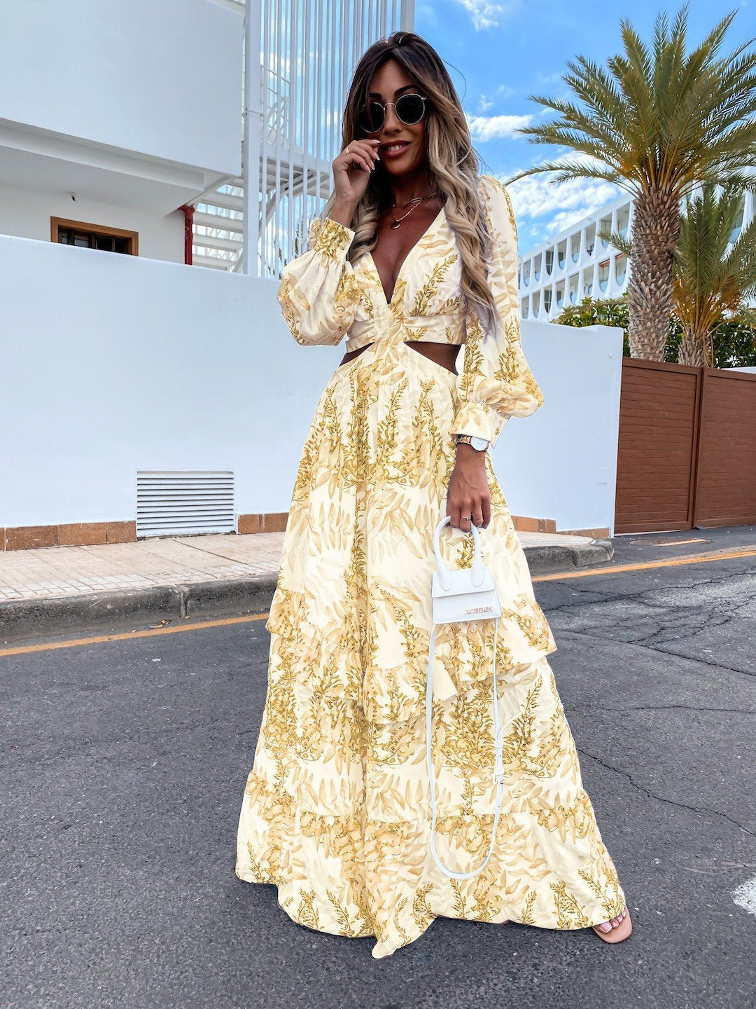 Cutout Leaf Print Maxi Dress for Women - Tropical Lantern Sleeve V Neck Tiered Long Dress - Spring Resort Wear 2026