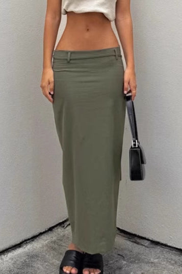 French Style Green High Waist Straight Midi Skirt