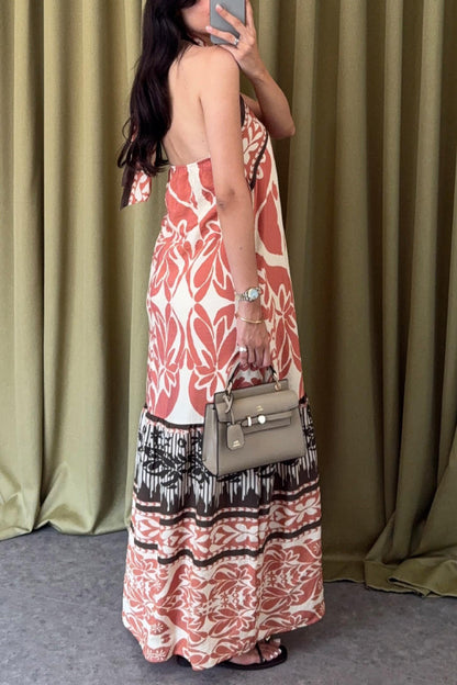Bohemian Style Unique Print Halter Neck Casual Vacation Maxi Dress