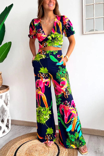 Floral Print V Neck Short Sleeves Crop Top Elastic Waist Wide Leg Pants Set