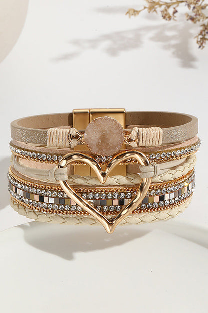 Bohemian Leather Cord Multi-layered Raw Stone Heart Bracelet