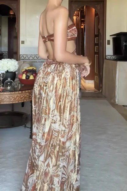 Sexy Strapless Floral Cut-out Satin Maxi Dress