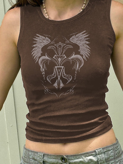 Vintage Wings Print Ribbed Cropped Tank Top