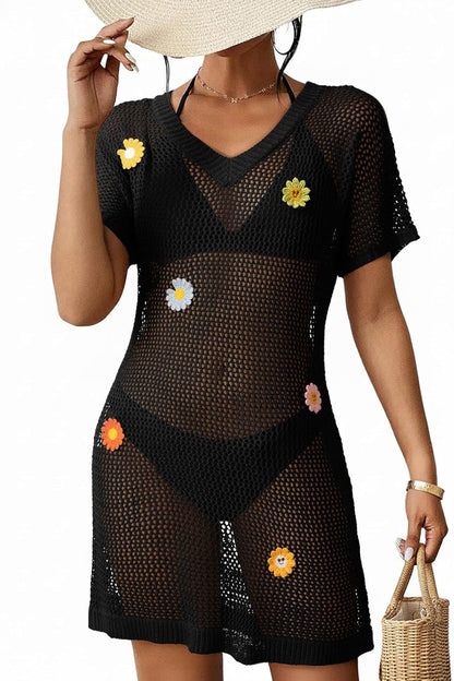 Floral-decorated V-neck Short-sleeved Crochet Cover-up Vacation Mini Dress
