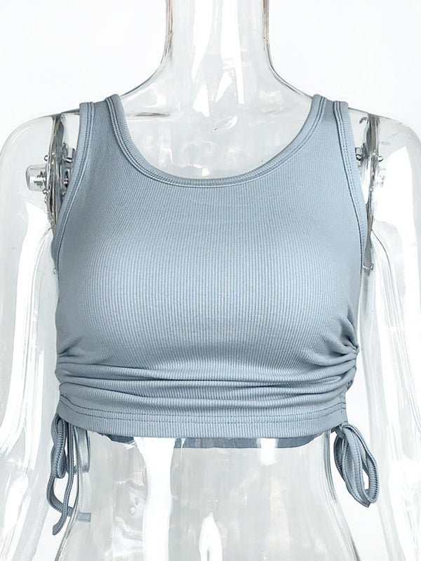 Simple Cami Tops Round Neck Drawstring Convertible Casual Camis
