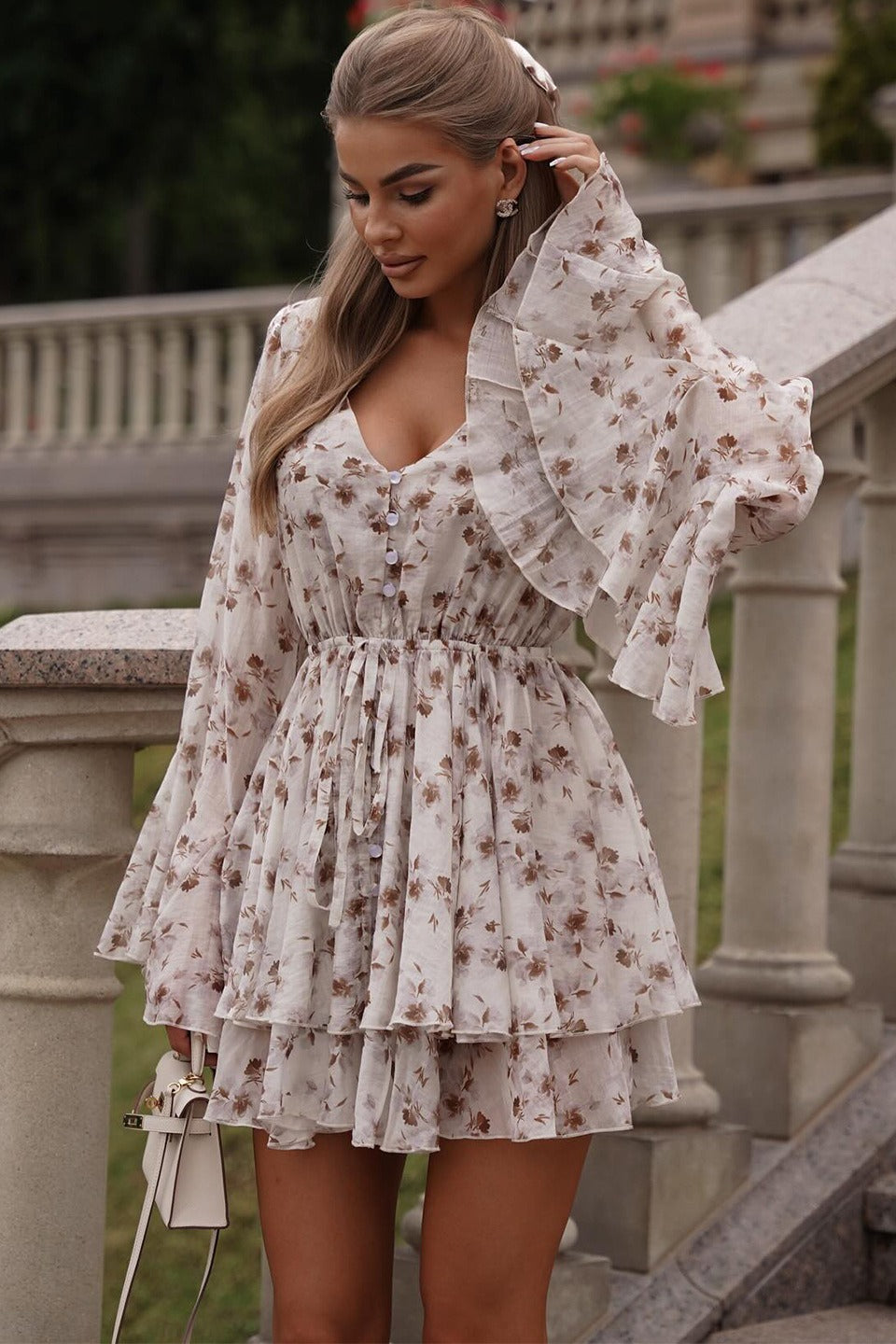 Floral Print Button-Front Drawstring Tiered Bell Sleeve V-Neck Mini Dress