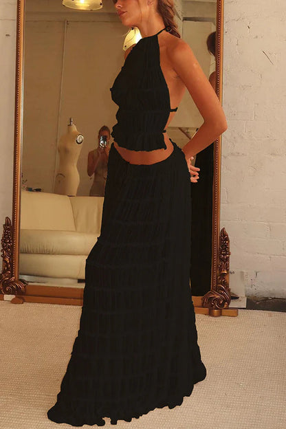 Versatility and Vintage Charm Pleated Drawstring Waist Tiered Maxi Skirt