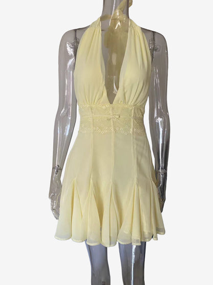 Lace Waist Halter Deep V Neck Pleated Chiffon Party Mini Dress For Women 2026