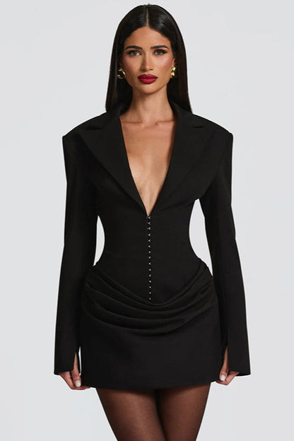 Peak Lapel Deep Plunge Corset Hook Closure Ruched Wrap Blazer Mini Dress