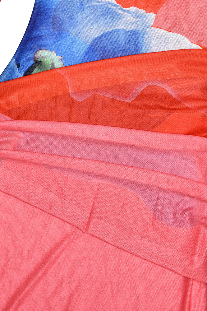 Printed Ruched Round Neck Slit Maxi Dress