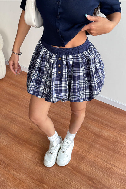 Y2K Plaid Elastic Waist Puff Mini Skirt